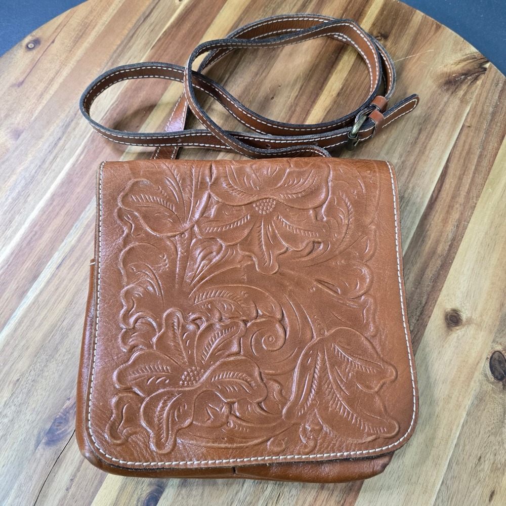 Patricia Nash Granada Crossbody Bag Brown Tan Leather Embossed Floral Purse